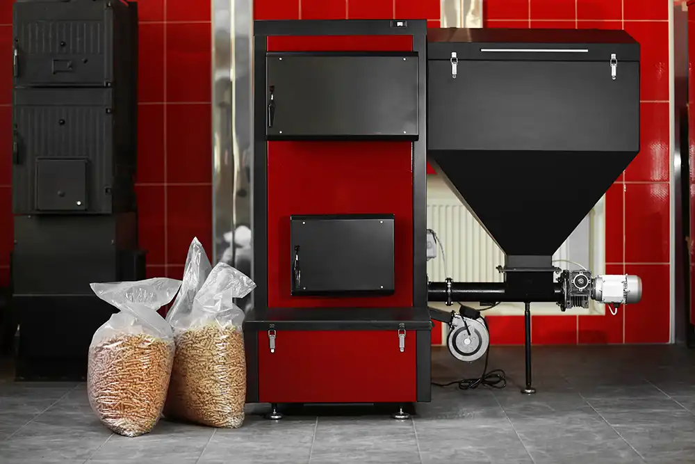 Festbrennstoffkessel mit Pelletbrennstoff im Heizungsraum