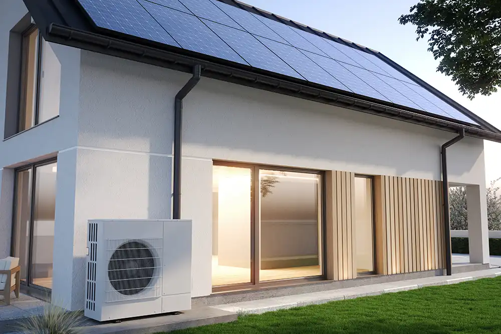 Wärmepumpe neben dem Haus und Sonnenkollektoren auf dem Dach. Das Konzept eines energieeffizienten Hauses. 